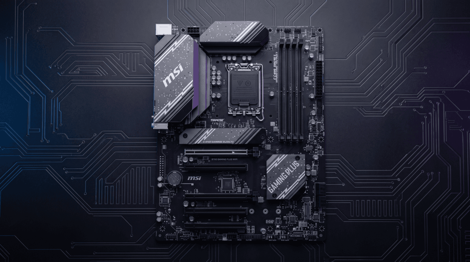 MSI B760 GAMING PLUS WIFI vue de dessus avec socket LGA1700 et slots DDR5